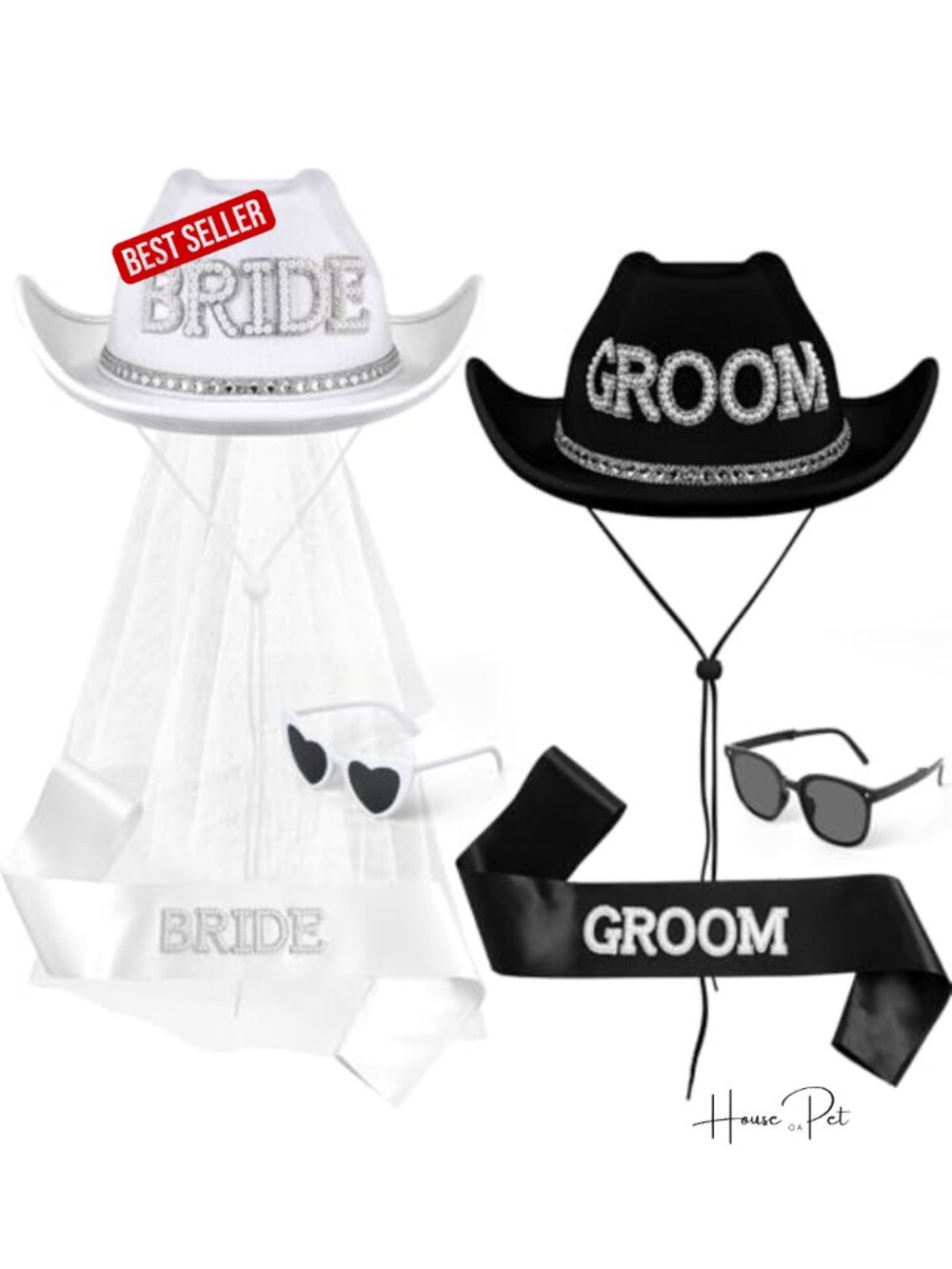 Bride Cowgirl Hats with Veil & Groom Cowboy Hat Set - Bachelor Party Supplies